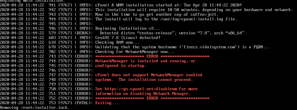 NetworkManager is installed and running, or configured to startup