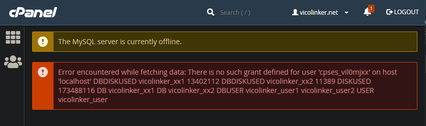 cPanel: Error encountered while fetching data: There is no such grant defined for user